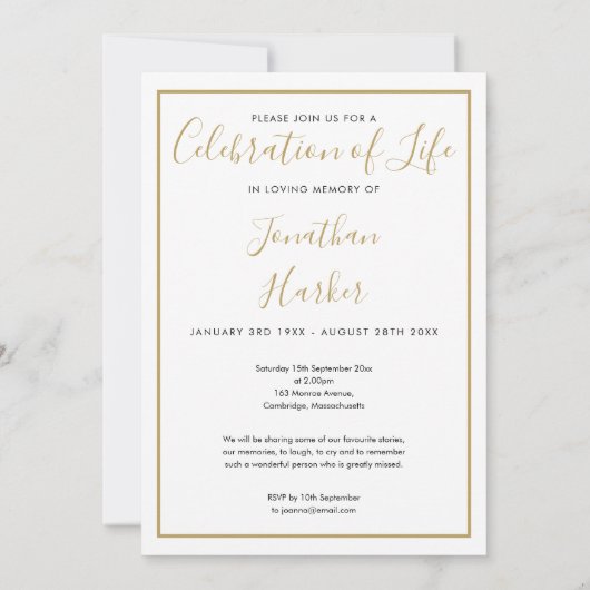 葬儀フォト金ゴールドスクリプトお祝いの生活 招待状 (裏面)