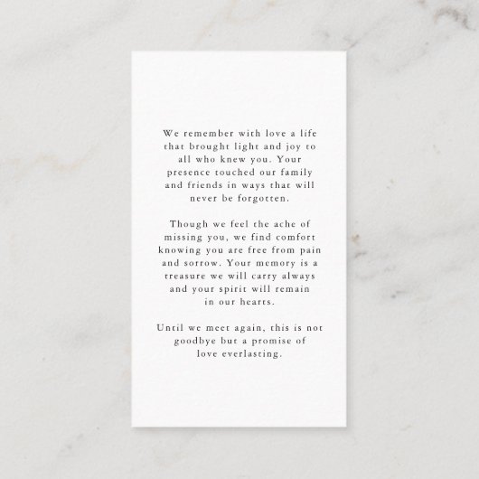 葬儀フォーエバーハートスクリプトフォト祈りの言葉カード 名刺 (裏面)