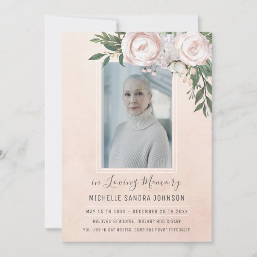 葬儀フローラピンクフォトメモリアル祈りの言葉カード サンキューカード (正面)