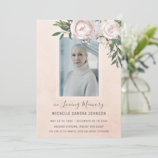 葬儀フローラピンクフォトメモリアル祈りの言葉カード サンキューカード (スタンド正面)