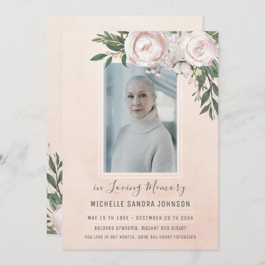 葬儀フローラピンクフォトメモリアル祈りの言葉カード サンキューカード (正面/裏面)