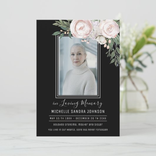 葬儀フローラブラックフォト記念祈りの言葉カード サンキューカード (スタンド正面)