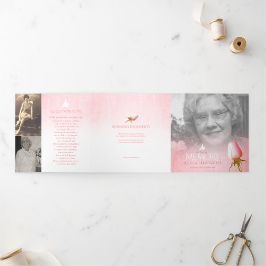 葬儀プログラムの順序ピンクのバラの鳩 三つ折りプログラム (外部)