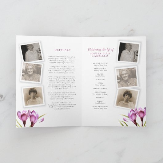 葬儀プログラム紫のクロッカスの水彩写真 プログラム (内部)