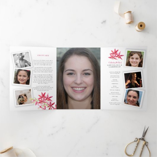 葬儀プログラム赤い玉蘭の花 三つ折り招待状 (内部)