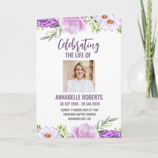 葬儀プログラム – 紫とピンクの花のデザイン プログラム (正面)