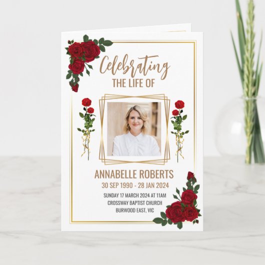 葬儀プログラム – 赤いバラと黄金縁どの プログラム (正面)