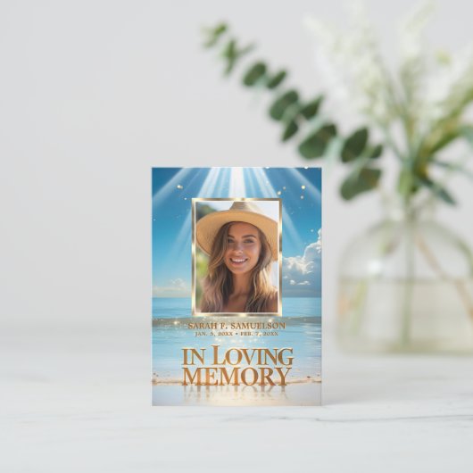 葬儀マスサービス祈りの言葉サンキューフォトビーチ 名刺 (スタンド正面)