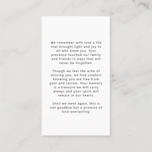 葬儀モダン永久ハートフォト祈りの言葉カード 名刺 (裏面)