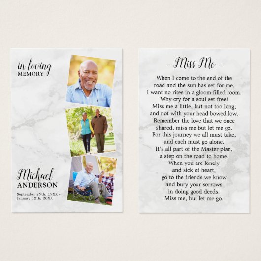 葬儀モダン3写真記念祈りの言葉カード大理石 (正面&裏面)