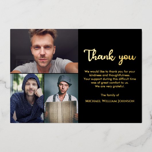 葬儀ユニーク記念3フォトコラージブラック金ゴールド 箔招待状 (正面)