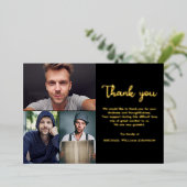 葬儀ユニーク記念3フォトコラージブラック金ゴールド 箔招待状 (立ち正面)