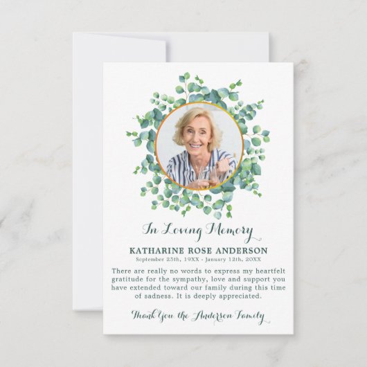 葬儀ユーカリ緑の悔やみや弔慰写真 サンキューカード (正面)