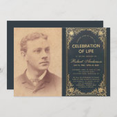 葬儀ライフお祝いフォトヴィンテージブルー金ゴールド 招待状 (正面/裏面)