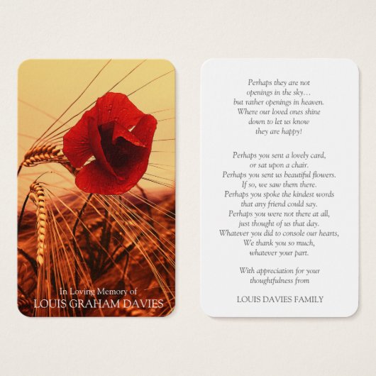葬儀レッドポピー記念祈りの言葉共感表 (正面&裏面)