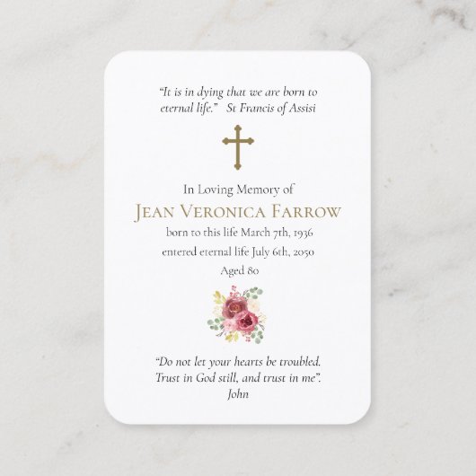 葬儀ロス賛美マリー祈りの言葉同情カード 名刺 (裏面)