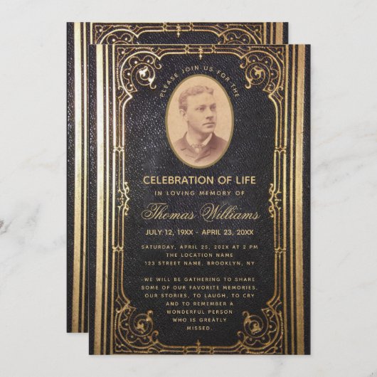 葬儀ヴィンテージエレガントブラック金ゴールド写真 招待状 (正面/裏面)