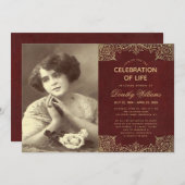 葬儀写真お祝いのライフブルゴーニュ金ゴールド 招待状 (正面/裏面)