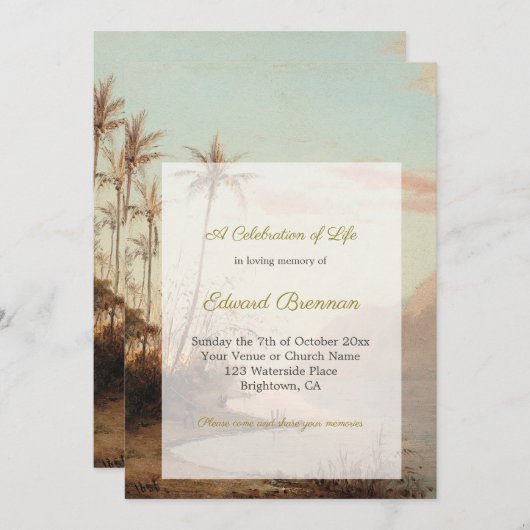 葬儀写真エレガント熱帯島のヤシの木 招待状 (正面/裏面)