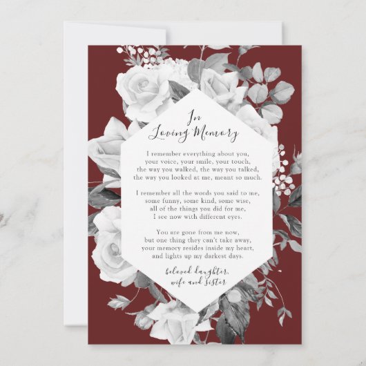 葬儀写真記念フローラレッドローズポエムカード 招待状 (裏面)