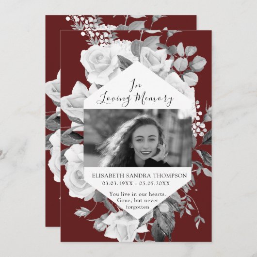葬儀写真記念フローラレッドローズポエムカード 招待状 (正面/裏面)