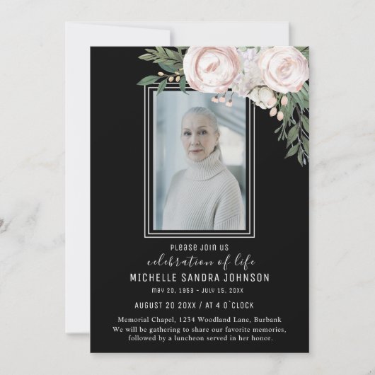 葬儀写真黒フローラ記念祈りの言葉カード サンキューカード (正面)