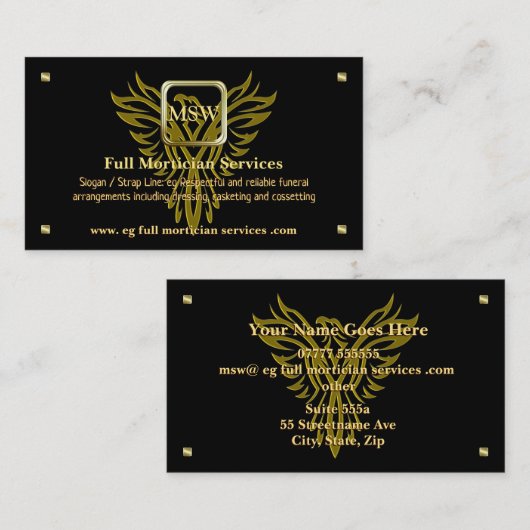 葬儀屋サービス、金正方形、上昇のフェニックス 名刺 (正面/裏面)