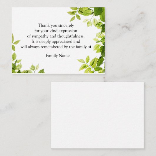 葬儀後の緑の葉のサンキューカード ノートカード (正面/裏面)