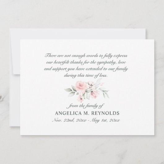 葬儀悔やみや弔慰サンキューピンクウォーター色フローラ サンキューカード (裏面)