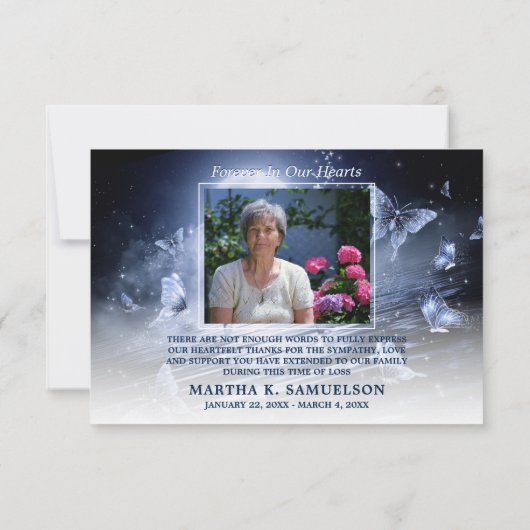 葬儀悔やみや弔慰ミッドナイトブルーバタフライ写真 サンキューカード (裏面)