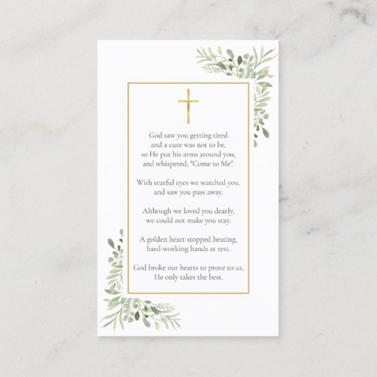 葬儀悔やみや弔慰メモリアル緑の祈りの言葉カード 名刺 (裏面)