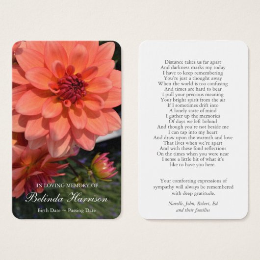 葬儀損失オレンジダリア祈りの言葉同情カード (正面&裏面)