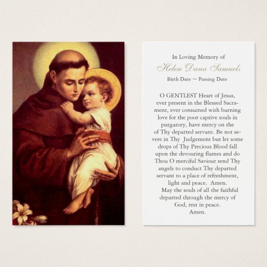 葬儀損失サンアントニー祈りの言葉同情カード (正面&裏面)