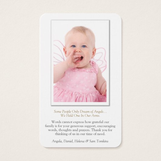 葬儀損失リトルエンジェル祈りの言葉同情カード (裏面)