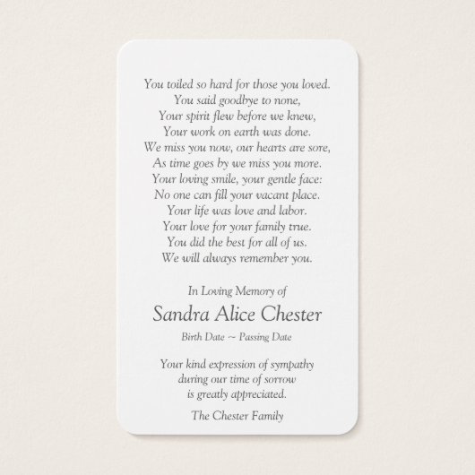 葬儀損失平和森祈りの言葉同情カード (裏面)