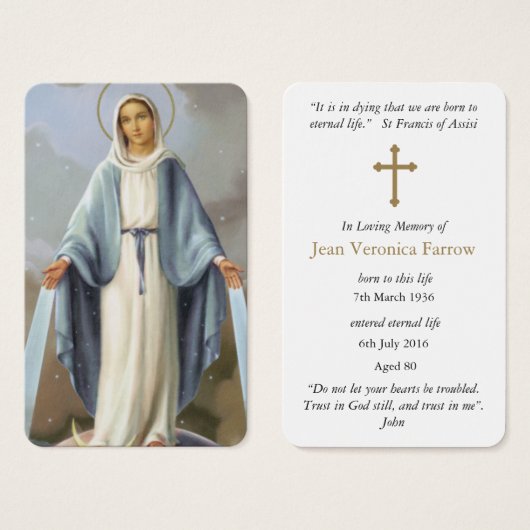 葬儀損失聖なるヴァージン祈りの言葉同情カード (正面&裏面)