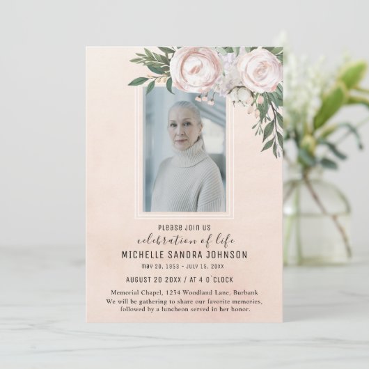 葬儀用フォトピンクフローラ記念祈りの言葉カード サンキューカード (スタンド正面)