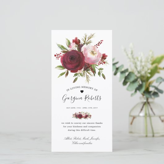 葬儀用水彩フローラメモリアルありがとうご注意 カード (スタンド正面)