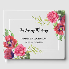 葬儀用水彩赤とピンクの花グレー ゲストブック