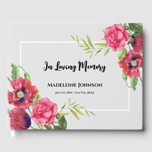 葬儀用水彩赤とピンクの花グレー ゲストブック (正面)