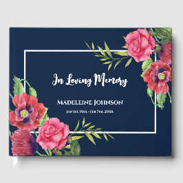 葬儀用水彩赤とピンクの花ネイビーブルー ゲストブック