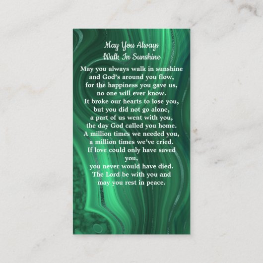 葬儀祈りの言葉カード記念写真エメラルドグリーン コーリングカード (裏面)