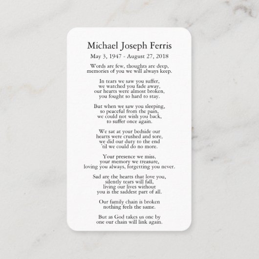 葬儀聖母記念祈りの言葉慰霊札 名刺 (裏面)