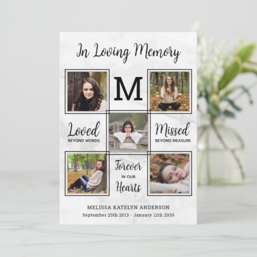 葬儀記念カスタム悔やみや弔慰5写真コラージュ サンキューカード (スタンド正面)