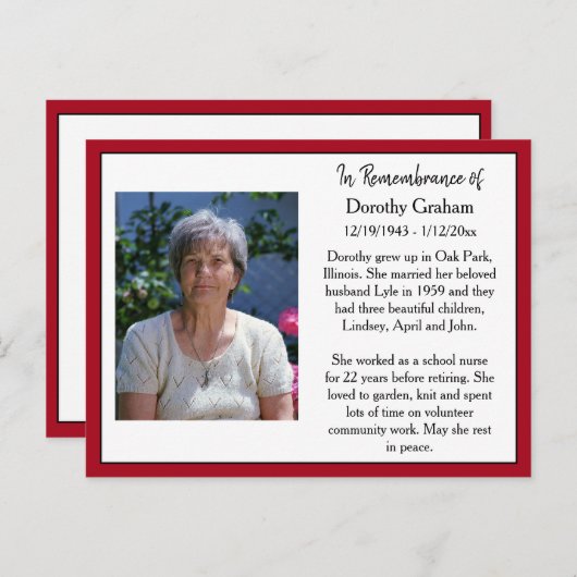 葬儀記念カードまたは記念記念カード ポストカード (正面/裏面)