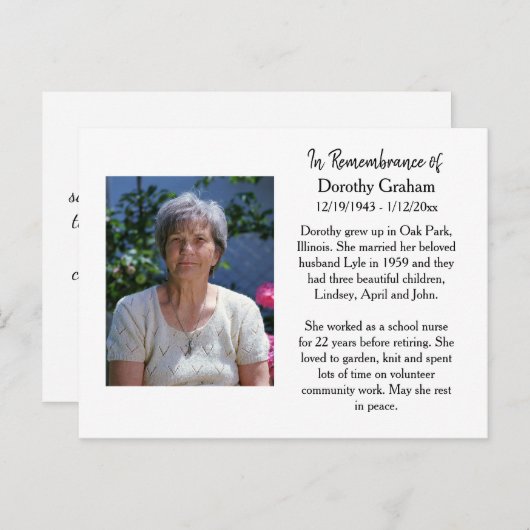 葬儀記念カードまたは記念記念カード ポストカード (正面/裏面)