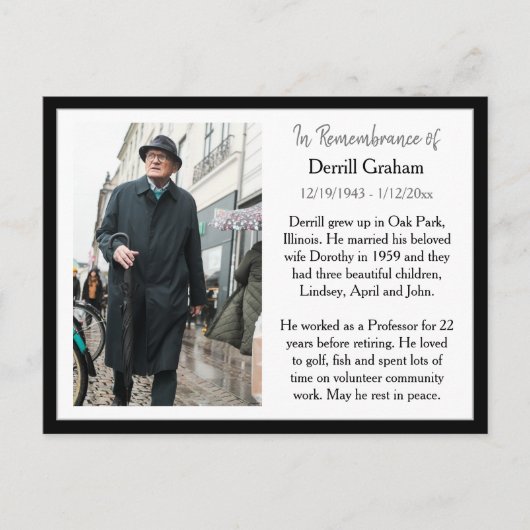 葬儀記念カードまたは記念記念カード ポストカード (正面)