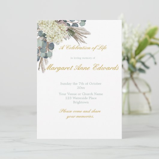 葬儀記念フローラブルー金ゴールドエレガント写真 招待状 (スタンド正面)