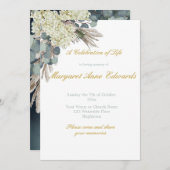 葬儀記念フローラブルー金ゴールドエレガント写真 招待状 (正面/裏面)