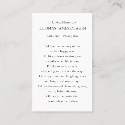 葬儀記念マウンテン祈りの言葉共感表 名刺 (裏面)